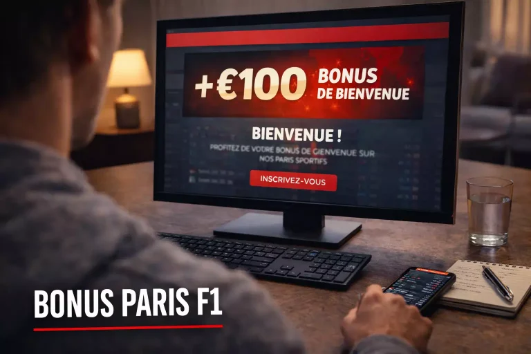 Bonus paris sportifs F1 : écran de bienvenue d'un bookmaker avec offre promotionnelle