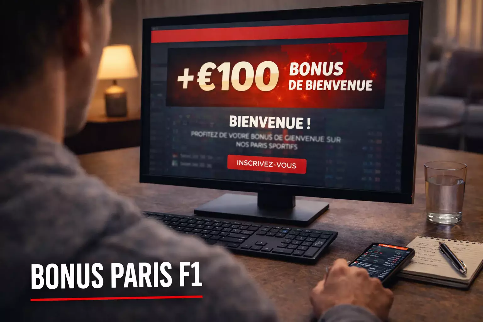 Bonus paris sportifs F1 : écran de bienvenue d'un bookmaker avec offre promotionnelle
