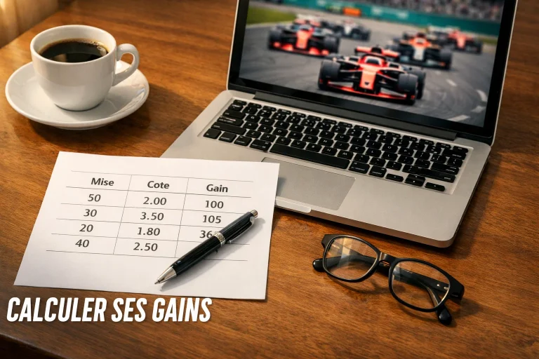 Calculer ses gains paris F1 : feuille de calcul avec cotes et mises sur un bureau