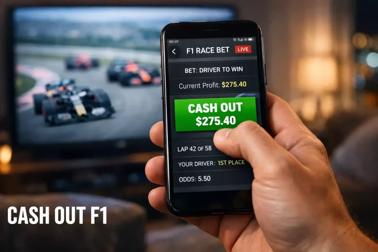 Cash out paris F1 : main tenant un smartphone affichant un pari en direct pendant une course