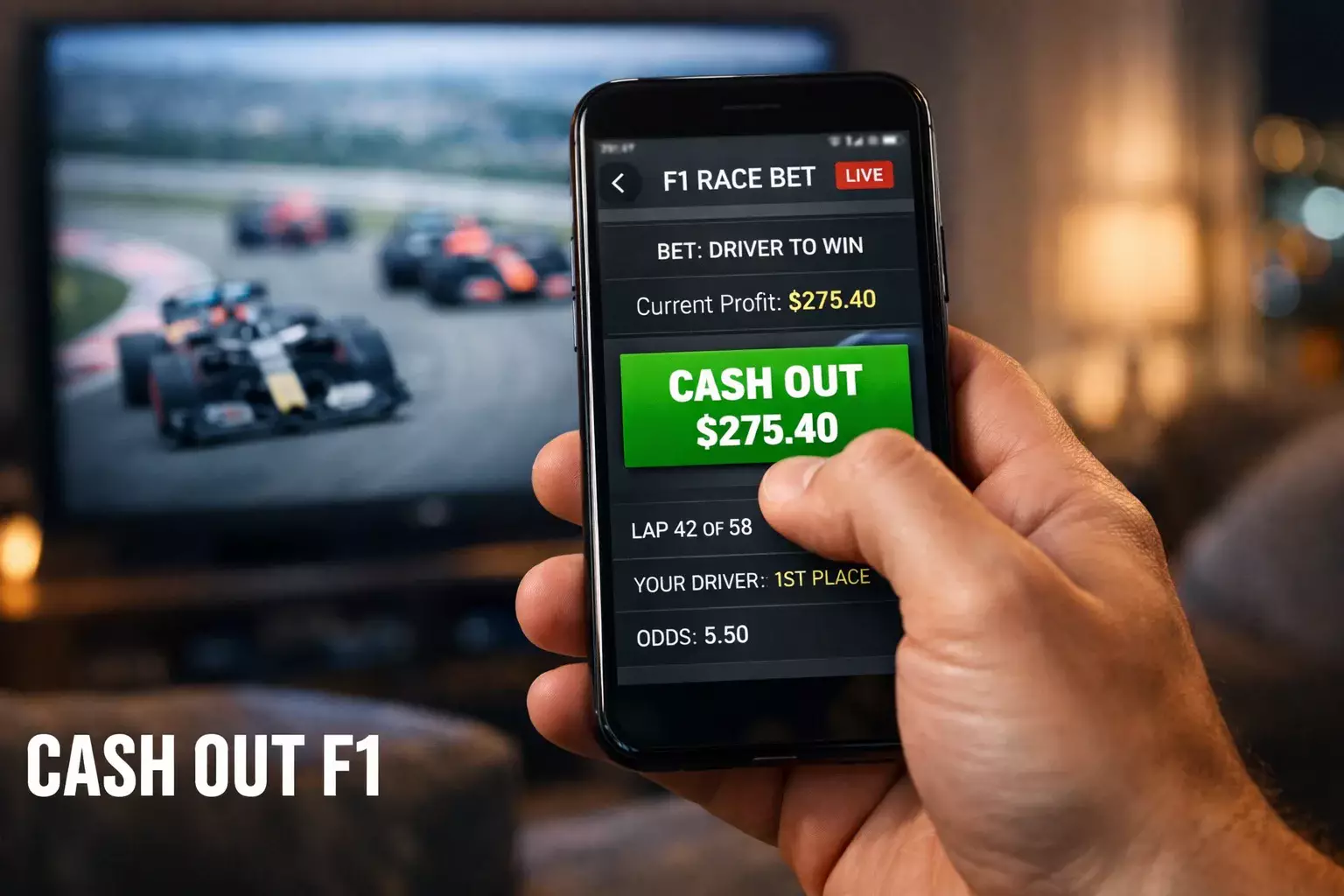 Cash out paris F1 : main tenant un smartphone affichant un pari en direct pendant une course