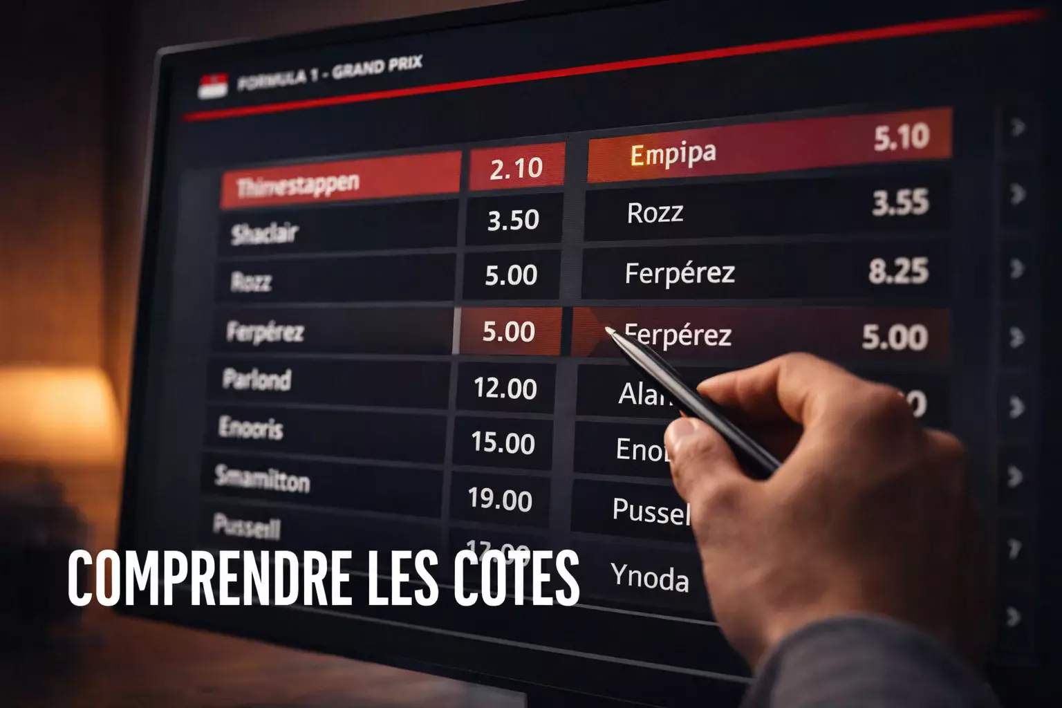 Cotes F1 : écran de bookmaker affichant les cotes décimales d'un Grand Prix