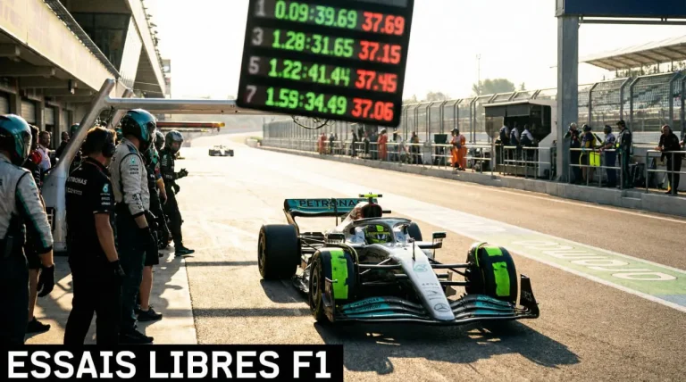 Essais libres F1 : monoplace en piste lors d'une séance d'entraînement avec écrans de chronométrage