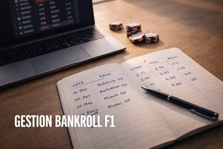 Gestion bankroll paris F1 : carnet de suivi des mises ouvert sur un bureau avec stylo