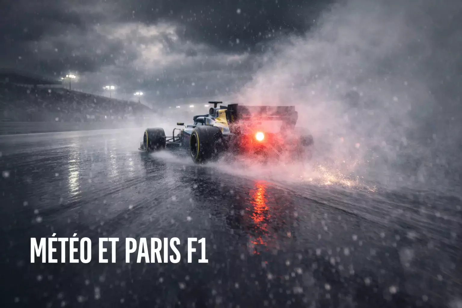Météo et paris F1 : monoplace roulant sous la pluie avec projections d'eau sur circuit mouillé