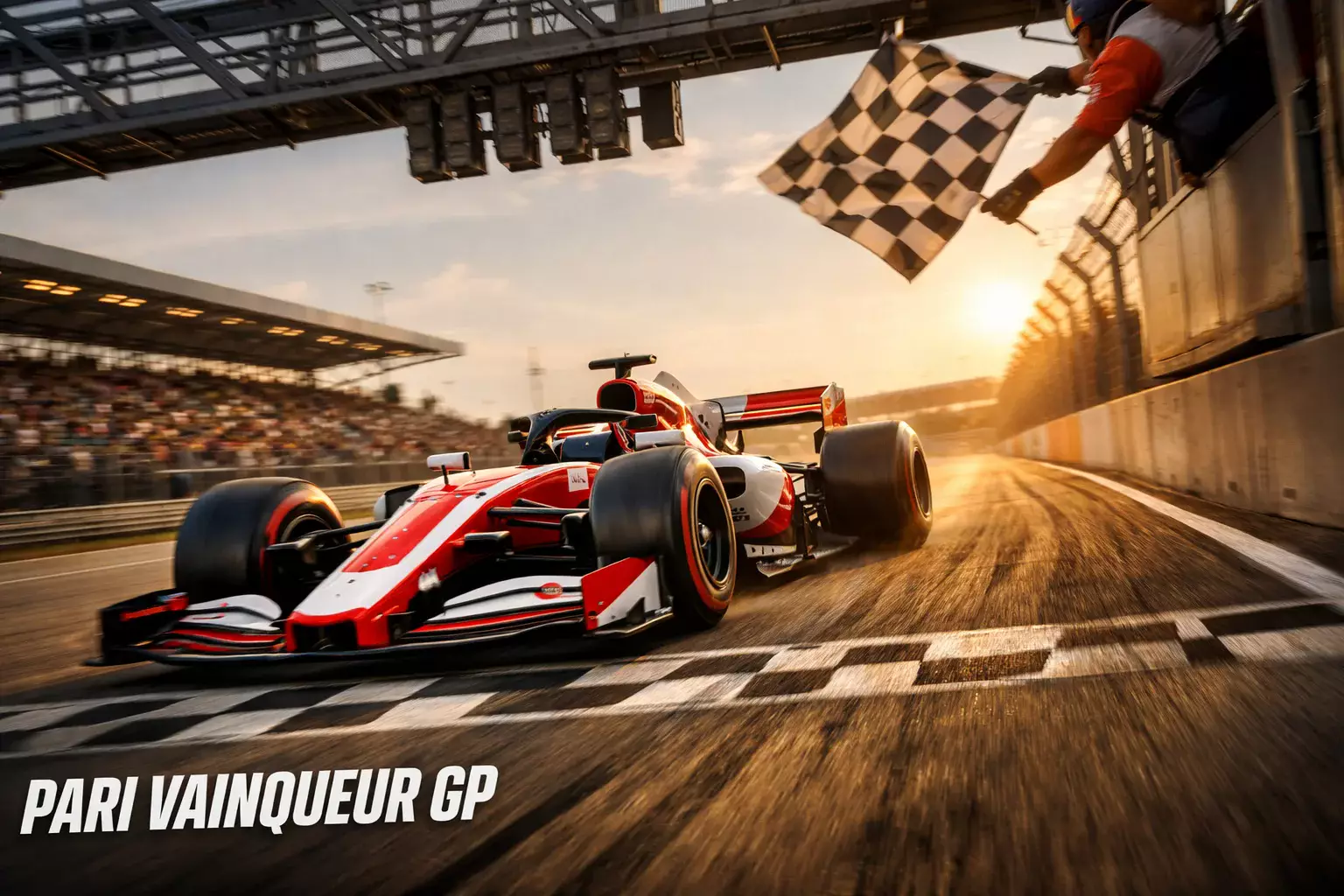 Pari vainqueur Grand Prix F1 : monoplace franchissant la ligne d'arrivée sous le drapeau à damier