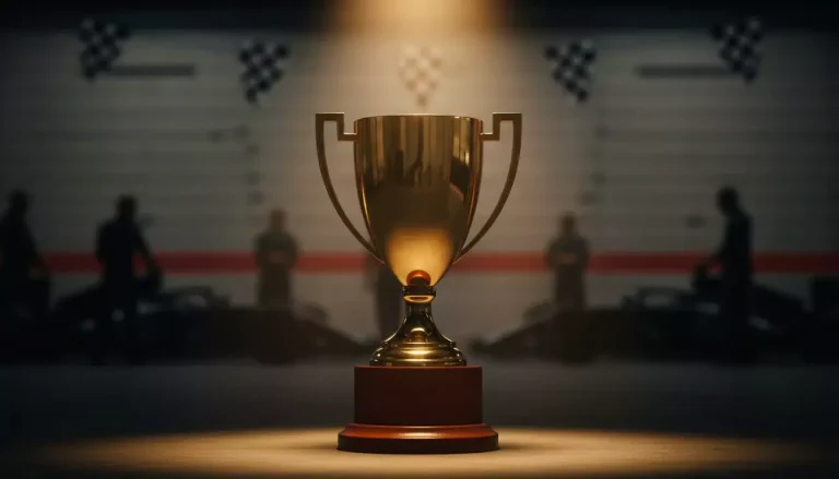 Paris long terme F1 — trophée du championnat du monde de Formule 1 exposé avec monoplaces en arrière-plan