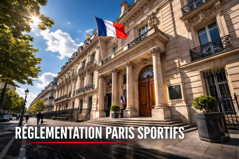 Réglementation paris sportifs France : façade d'un bâtiment officiel avec drapeau tricolore