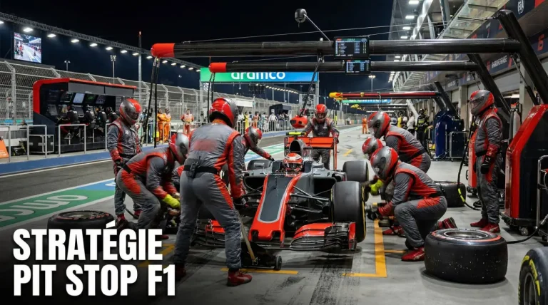 Stratégie pit stop F1 : monoplace à l'arrêt dans la voie des stands avec mécaniciens en action