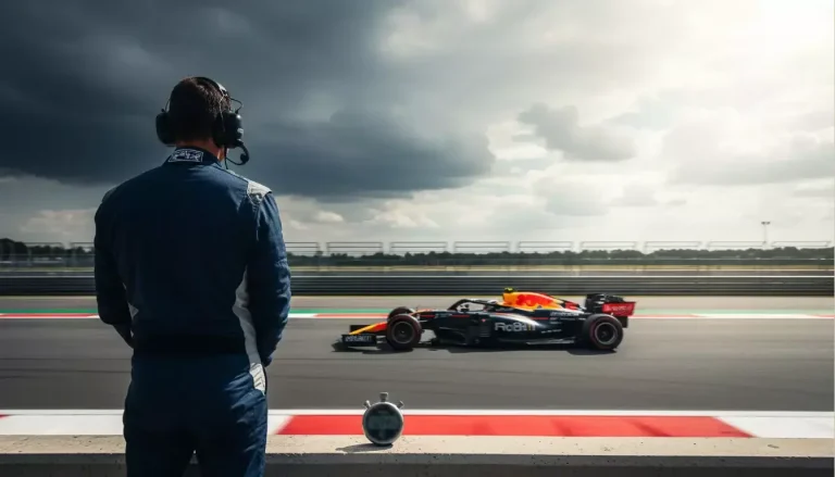 Stratégies paris F1 — ingénieur analysant des données sur le muret des stands pendant un Grand Prix
