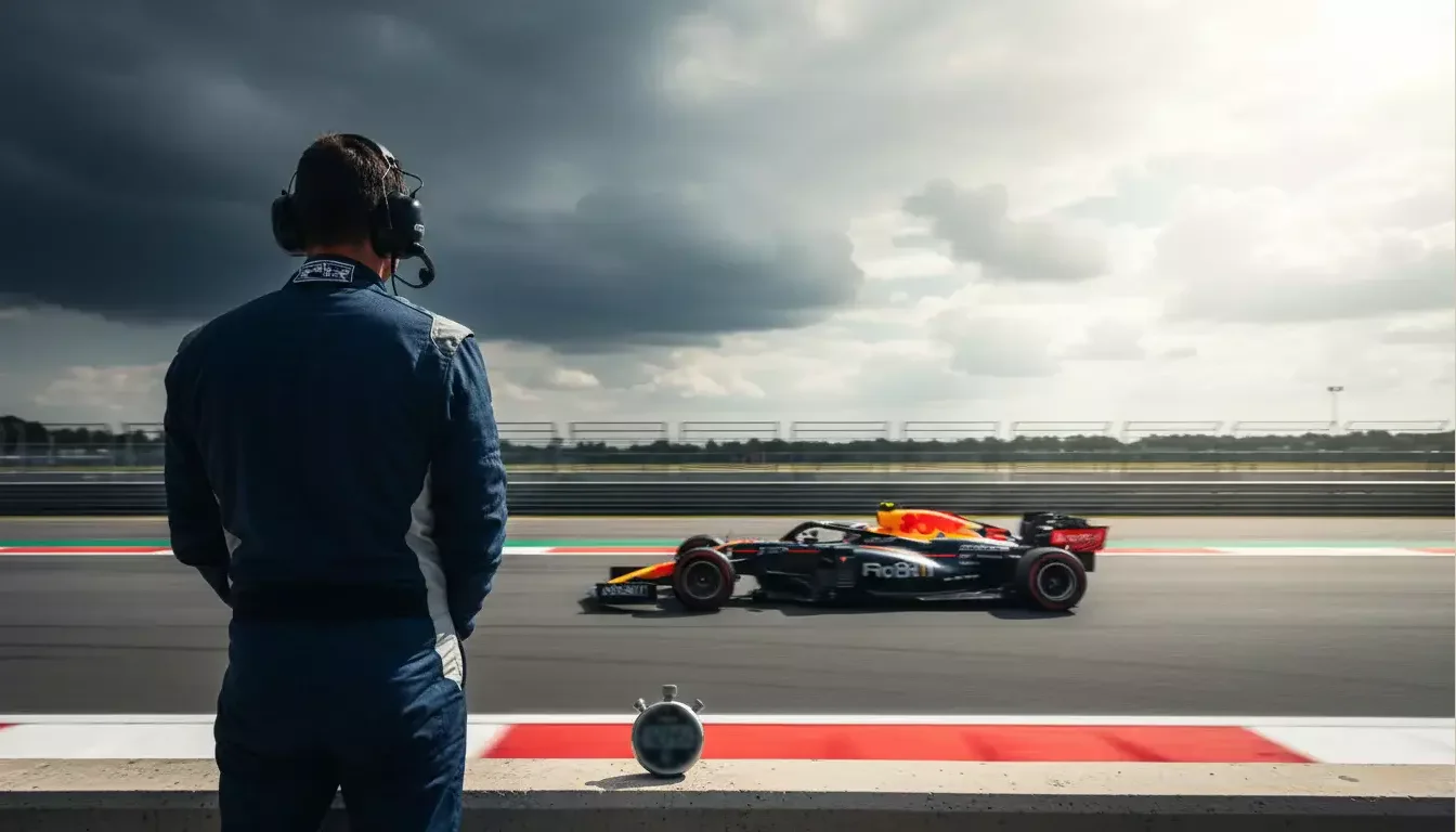 Stratégies paris F1 — ingénieur analysant des données sur le muret des stands pendant un Grand Prix